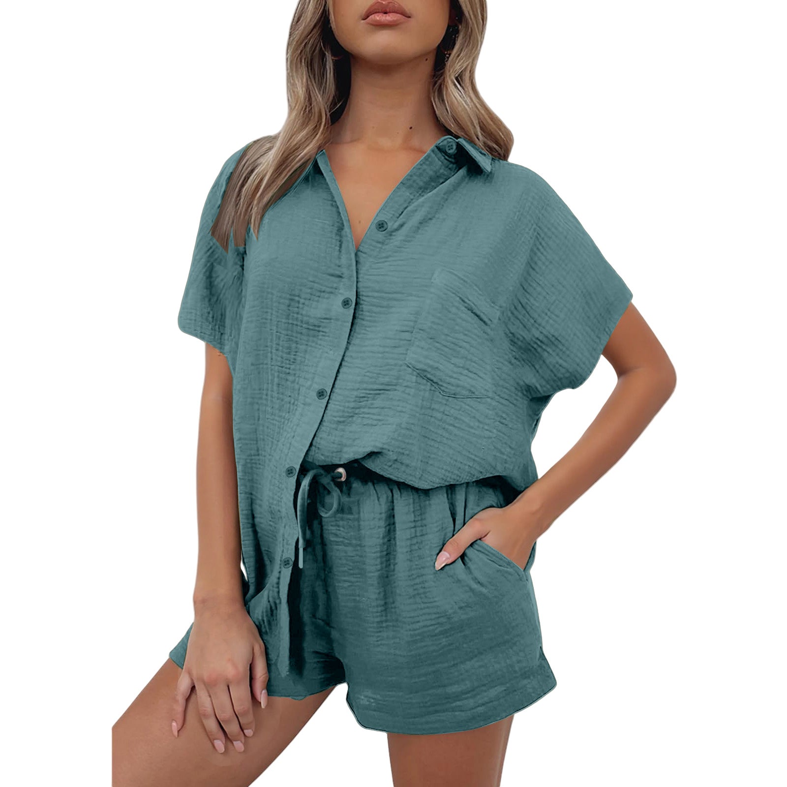 Conjunto Feminino Casual em Algodão e Linho Camisa & Shorts