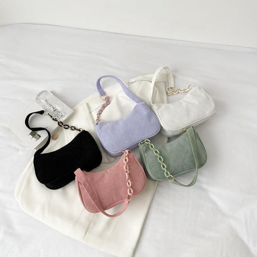 Bolsa Feminina de Tecido Artístico, Minimalista e Casual, em Veludo Cotelê, Ombro Único