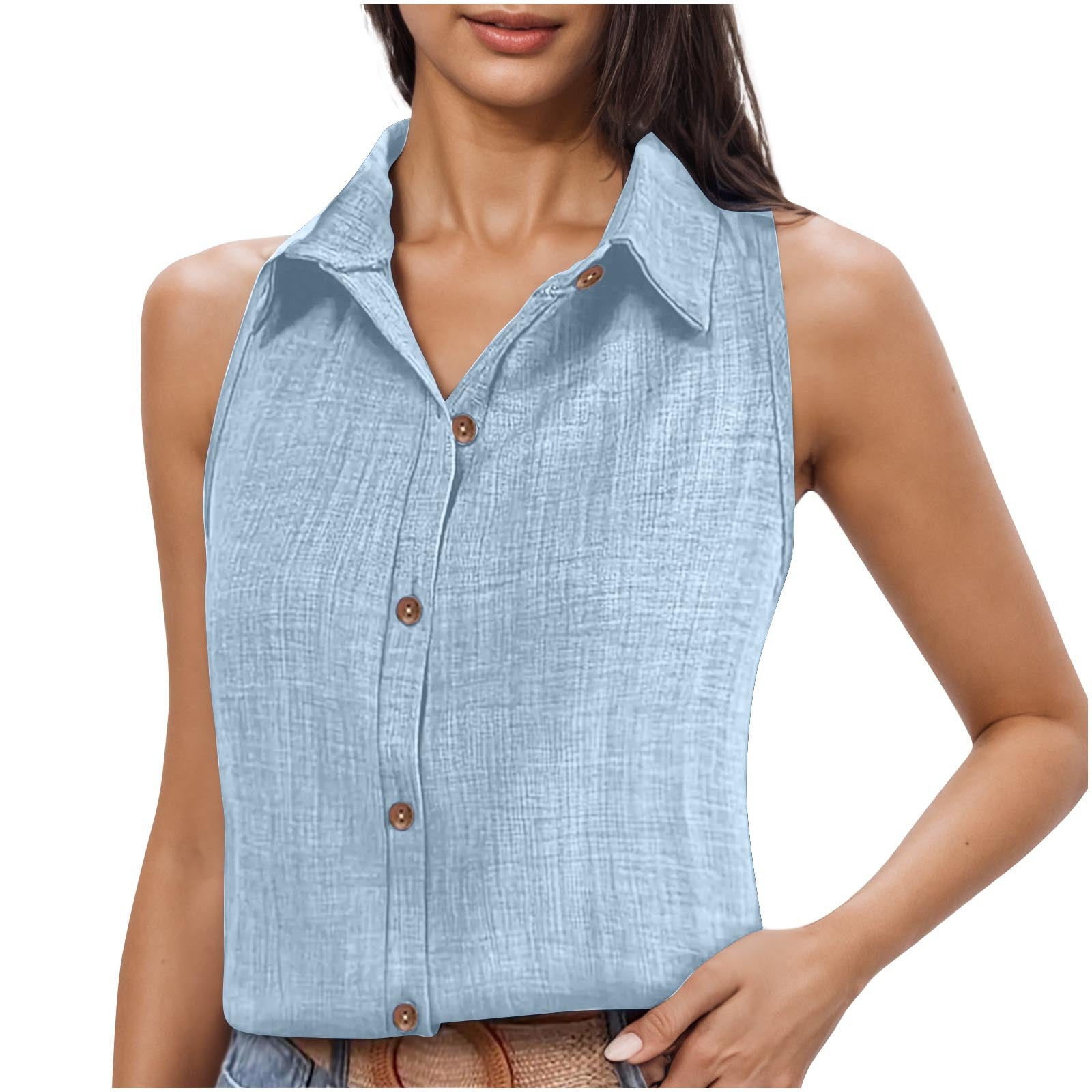 Camisa Feminina Sem Manga em Algodão e Linho com Gola e Botões