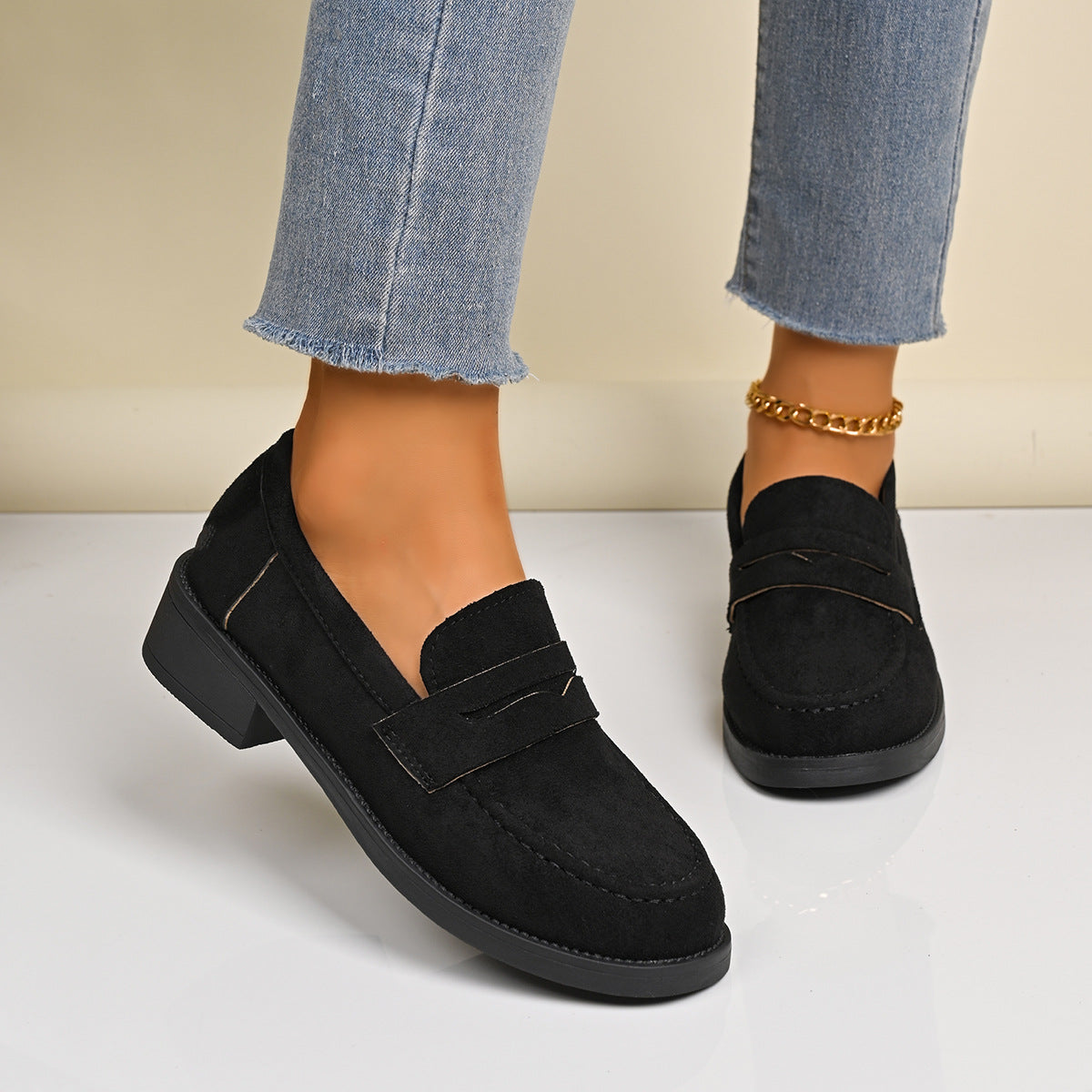 Sapatos Baixos Femininos em Camurça Vintage, Estilo Britânico