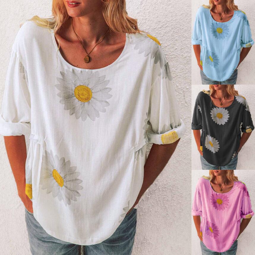 Camiseta Feminina de Algodão e Linho, Manga Média, Estampa Crisântemo