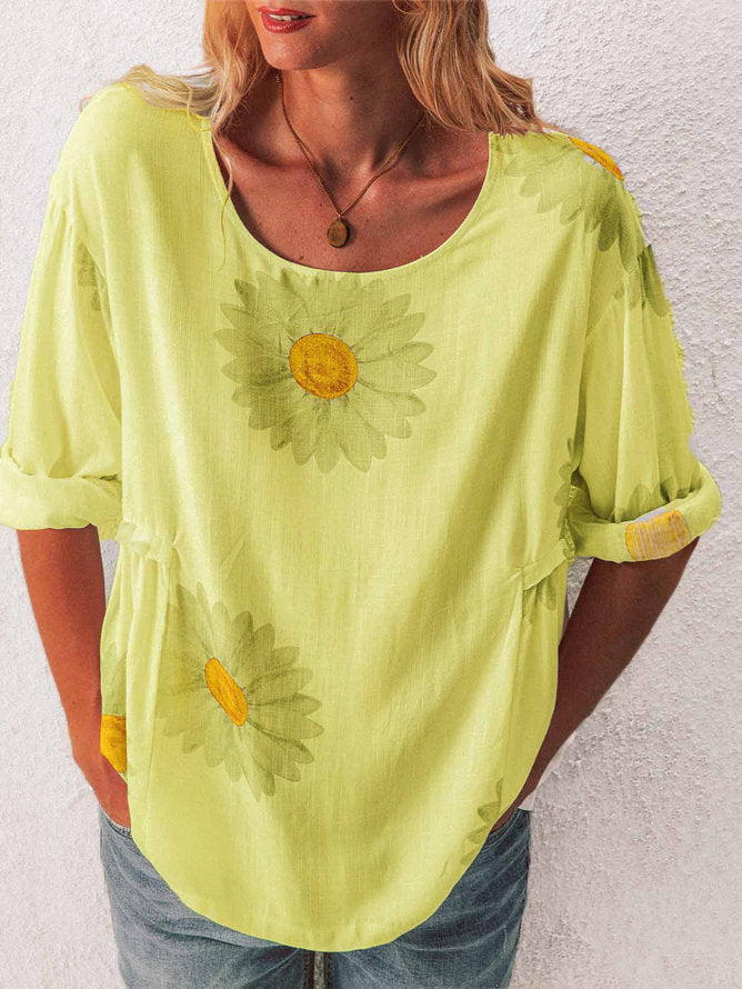 Camiseta Feminina de Algodão e Linho, Manga Média, Estampa Crisântemo
