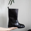 Botas Femininas de Couro Genuíno, Cano Médio, Estilo Vintage de Montaria, Cano Reto