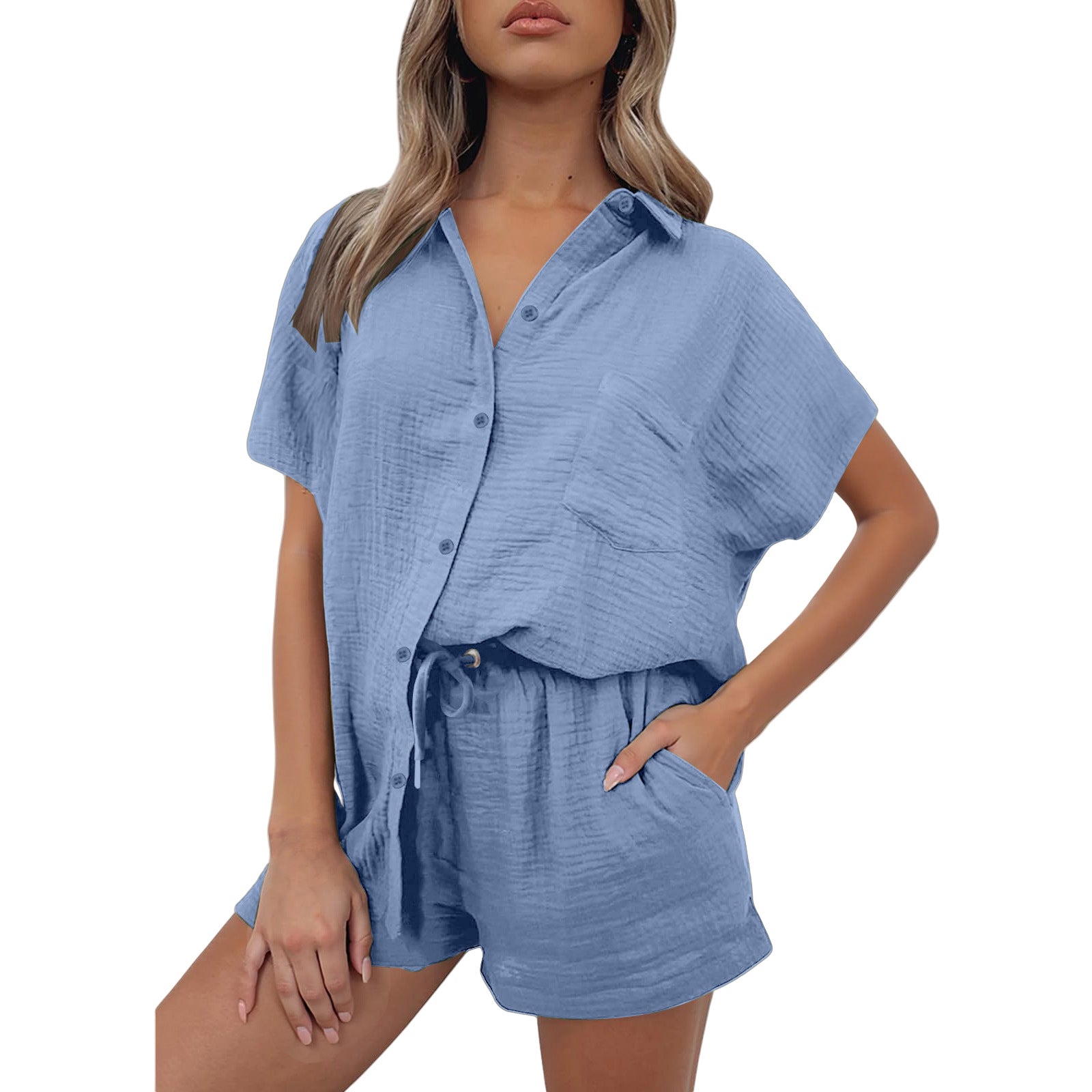 Conjunto Feminino Casual em Algodão e Linho Camisa & Shorts