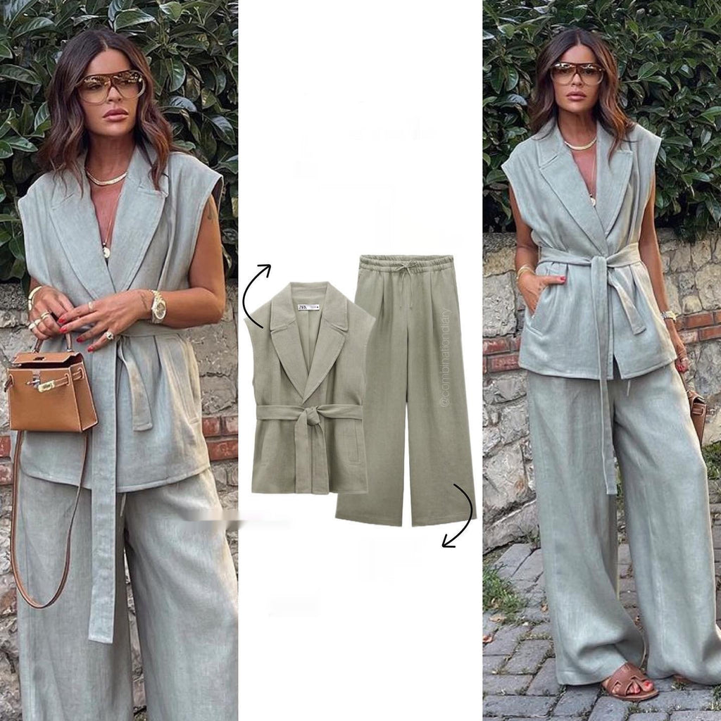 Conjunto Feminino de Linho com Colete e Cinto