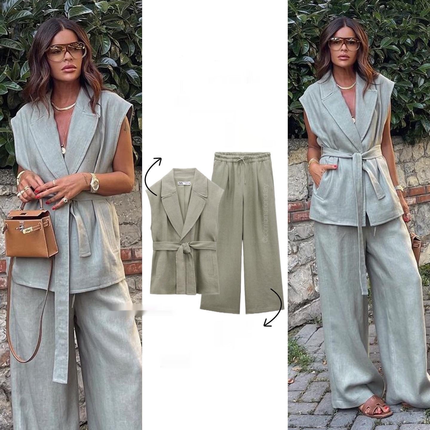 Conjunto Feminino de Linho com Colete e Cinto