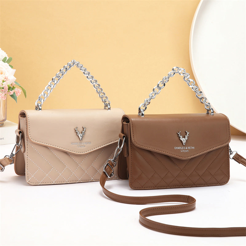 Mini Bolsa Matelassê em Blush Suave – Estilo Retrô Casual, Impermeável, Minimalista, Ombro Único com Alça Larga, Forro em Poliéster PU e Correntes Grossas Estilosas