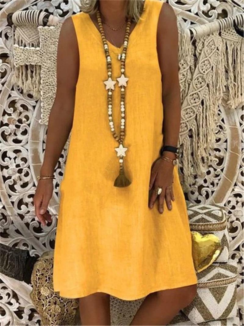 Vestido Feminino Sem Manga em Algodão e Linho com Decote V