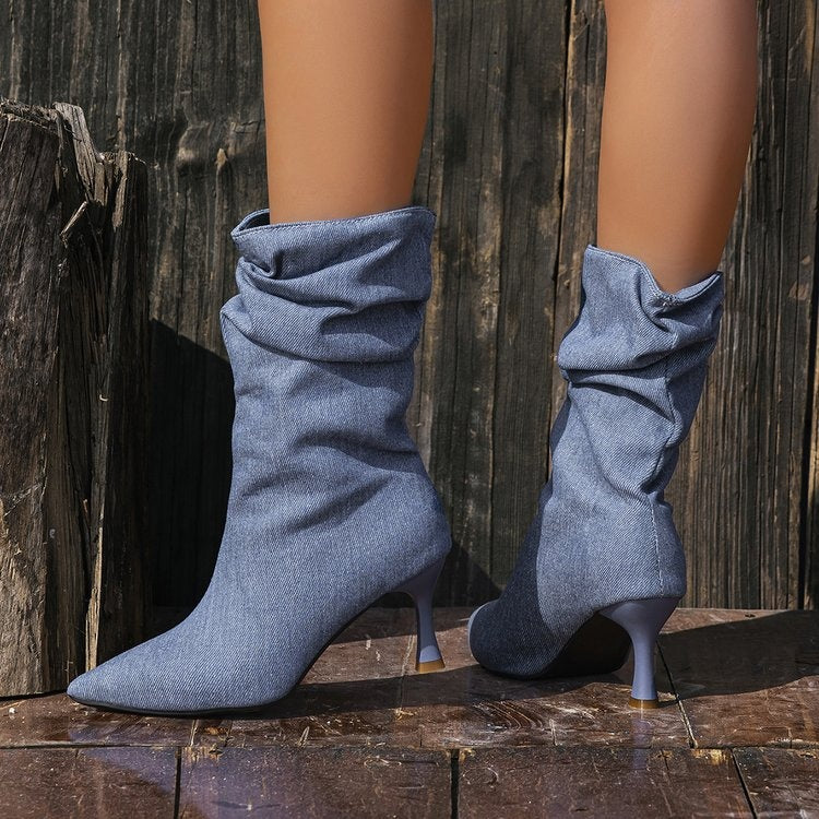 Bota Ankle Jeans Retrô Francesa, Bico Fino e Salto Stiletto