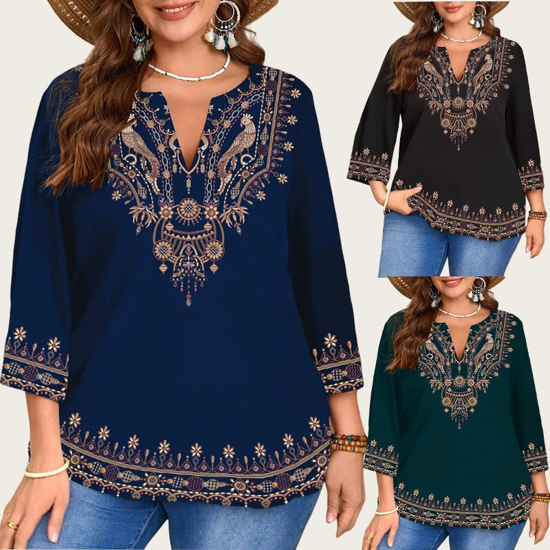 Blusa Feminina Casual Fashion com Decote V, Estilo Étnico e Estampa, Manga 3/4