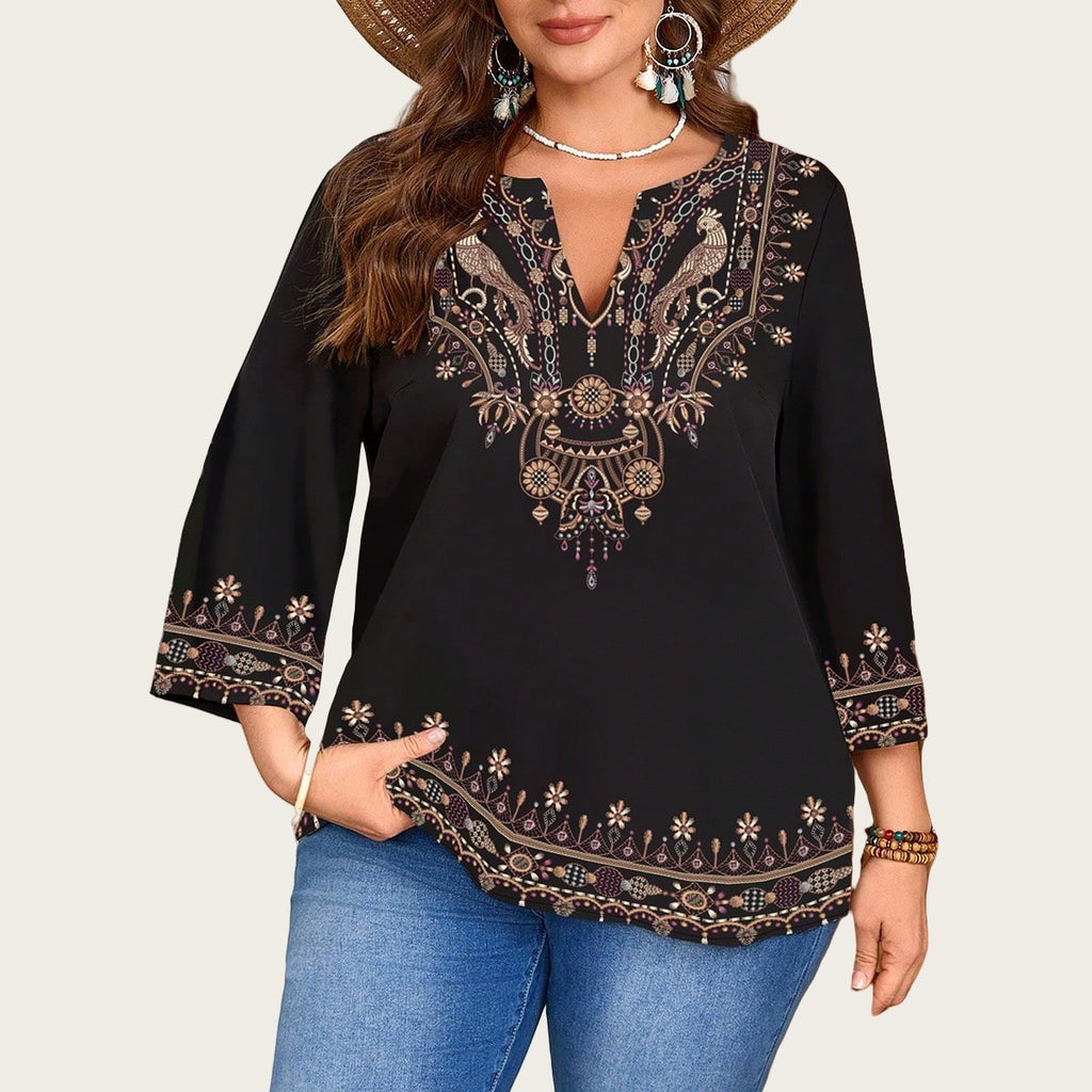 Blusa Feminina Casual Fashion com Decote V, Estilo Étnico e Estampa, Manga 3/4