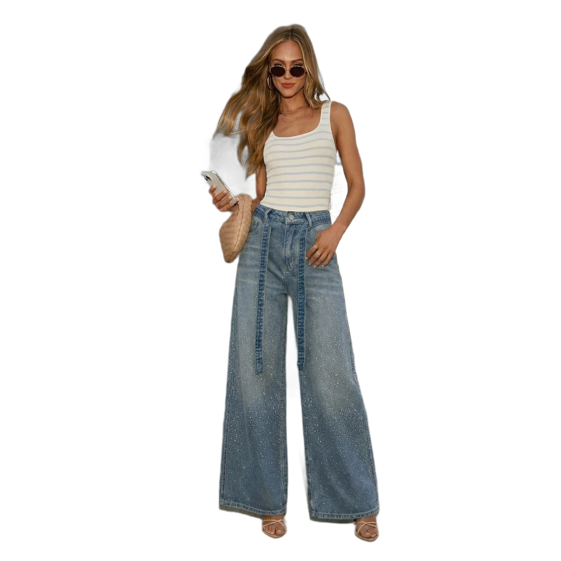 Jeans Feminino Solto, Cintura Alta e Pernas Largas