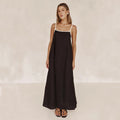 Vestido Feminino Preto Solto com Alças, Algodão e Linho, Decote Quadrado