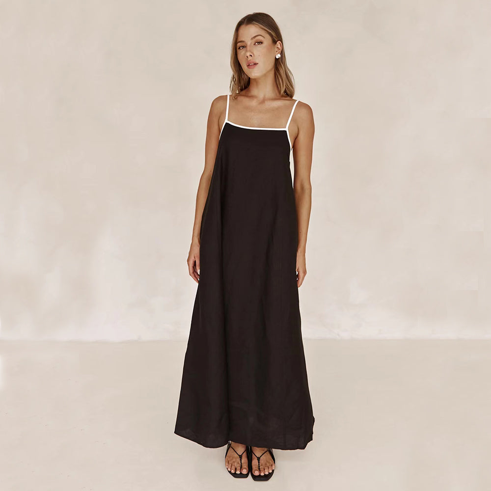 Vestido Feminino Preto Solto com Alças, Algodão e Linho, Decote Quadrado