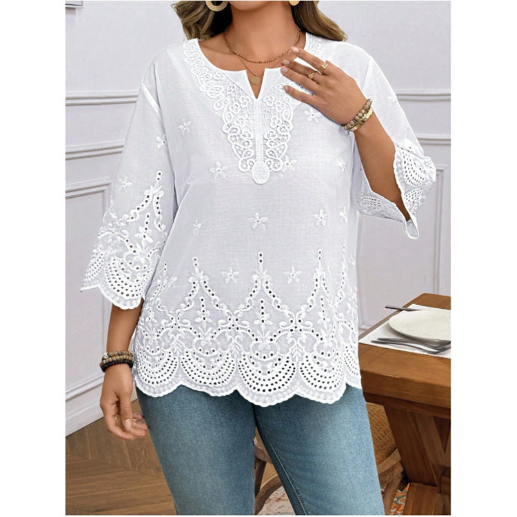 Blusa de Chiffon Elegante para o Trabalho com Manga Sino e Renda Bordada