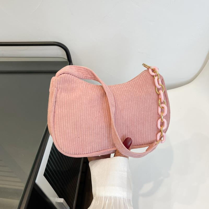 Bolsa Feminina de Tecido Artístico, Minimalista e Casual, em Veludo Cotelê, Ombro Único