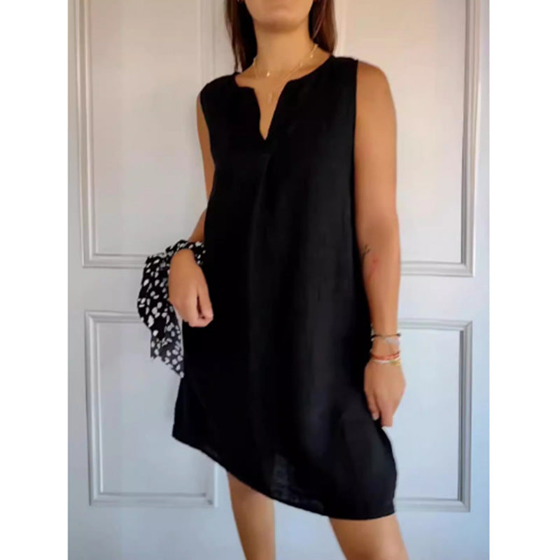 Vestido Feminino Sem Manga em Algodão e Linho, Cor Sólida