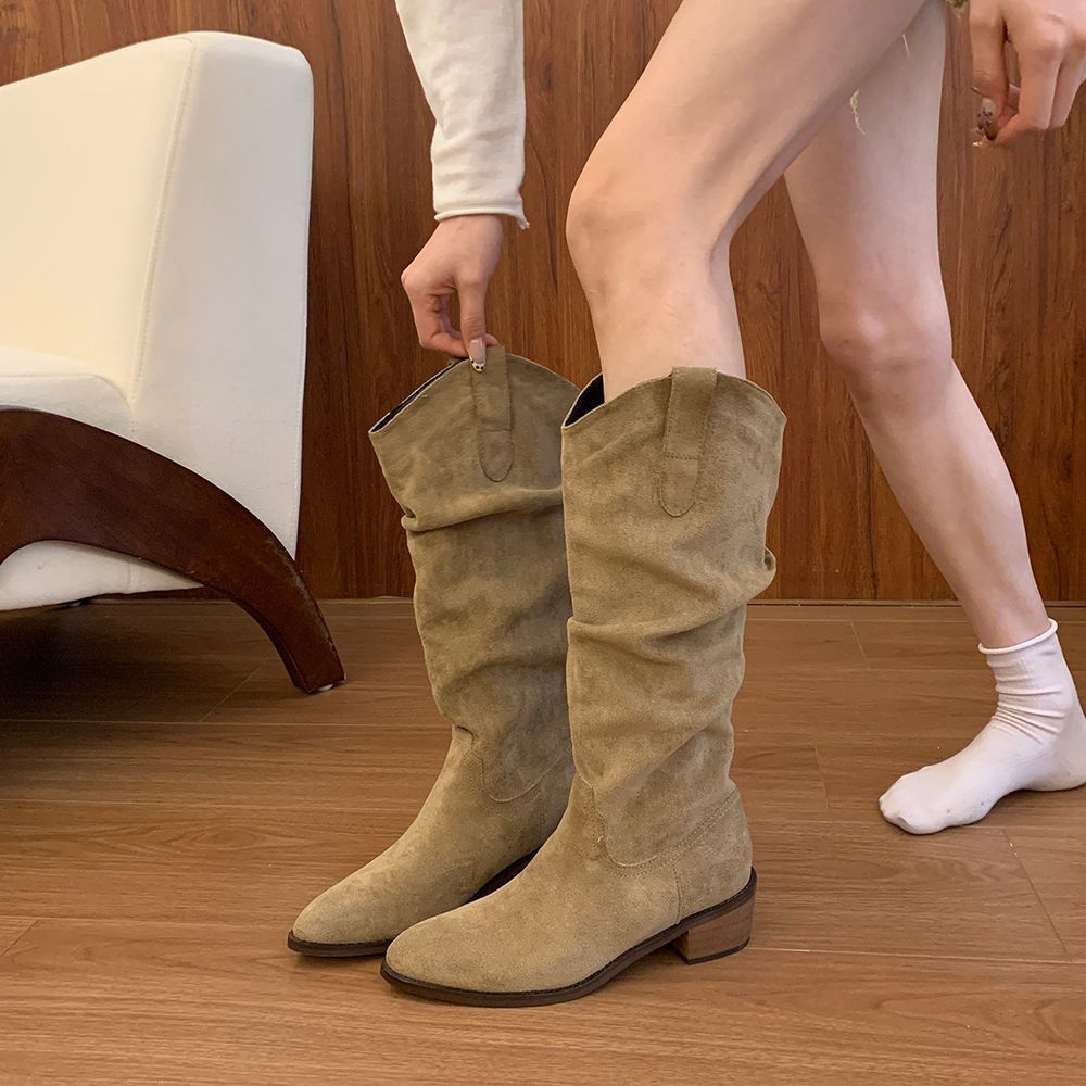 Botas Femininas Estilo Retrô com Bico Fino, Salto Grosso Alto, Minimalistas e Versáteis