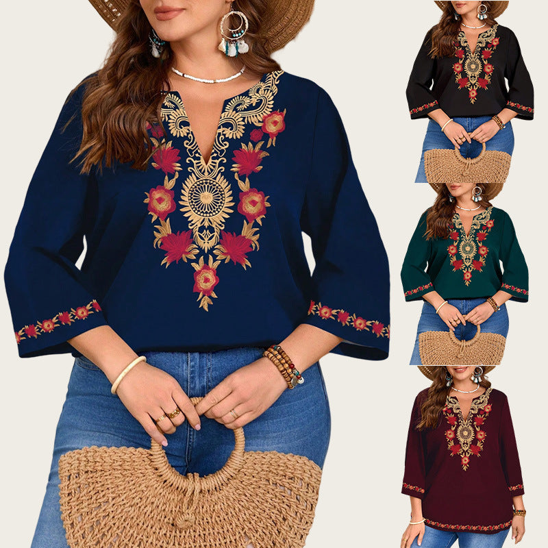 Blusa Feminina Casual Fashion com Decote V, Estilo Étnico e Estampa, Manga 3/4