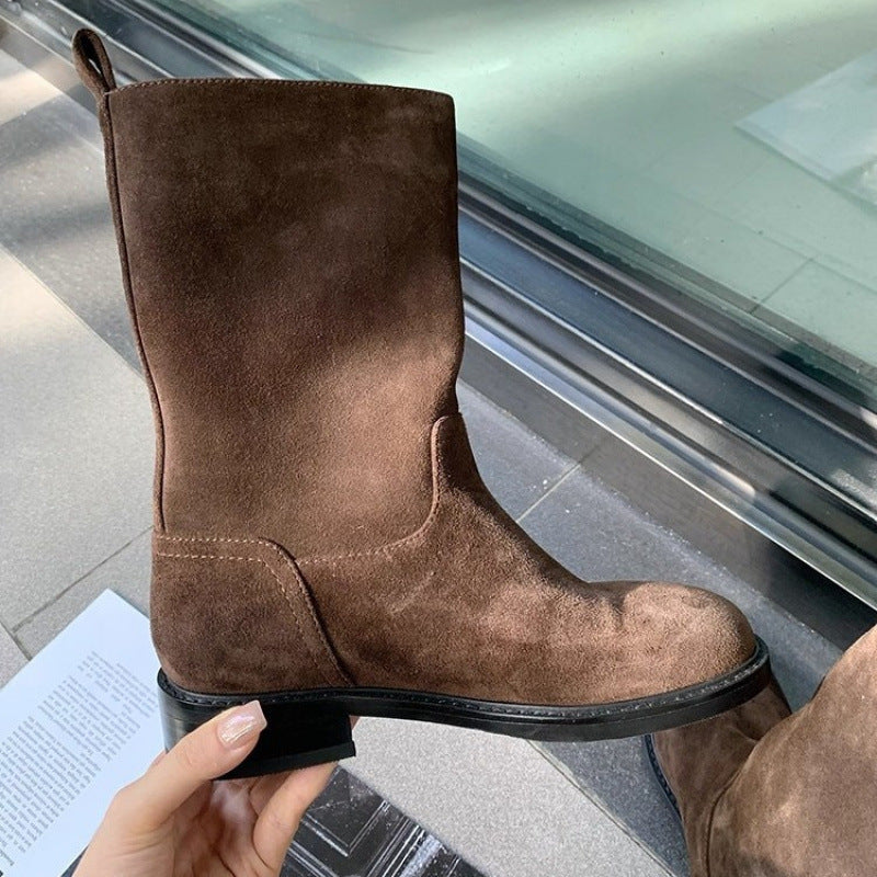 Botas Femininas de Couro Genuíno, Cano Médio, Estilo Vintage de Montaria, Cano Reto