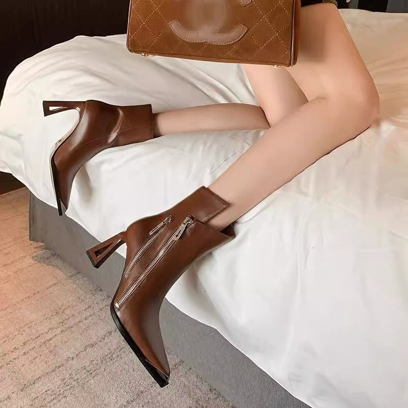 “Botas Femininas de Salto Alto, Bico Fino, Acima do Joelho