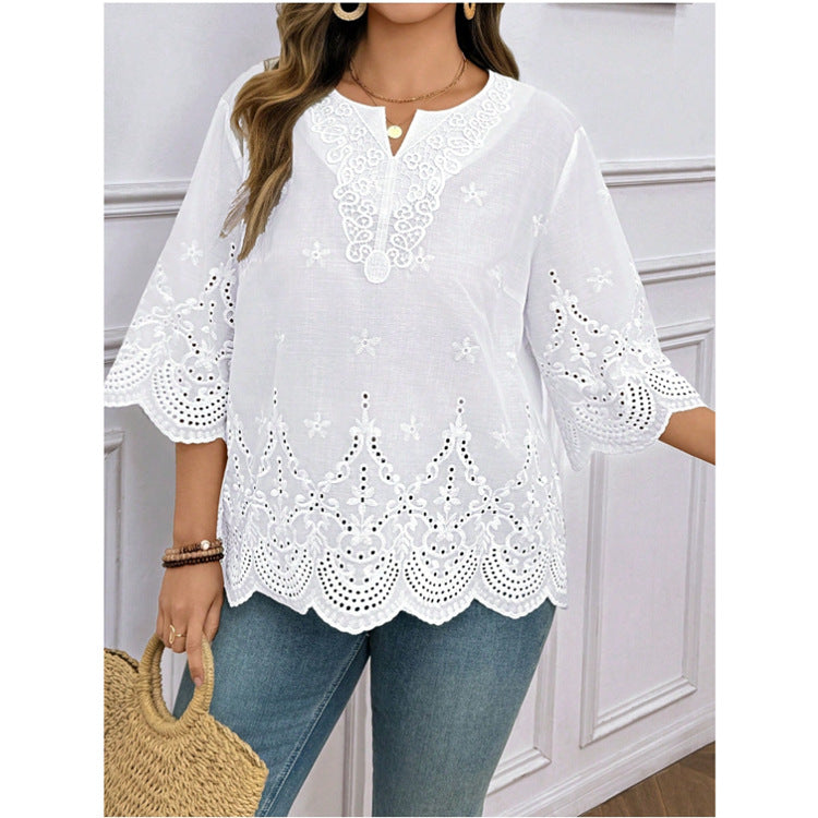 Blusa de Chiffon Elegante para o Trabalho com Manga Sino e Renda Bordada