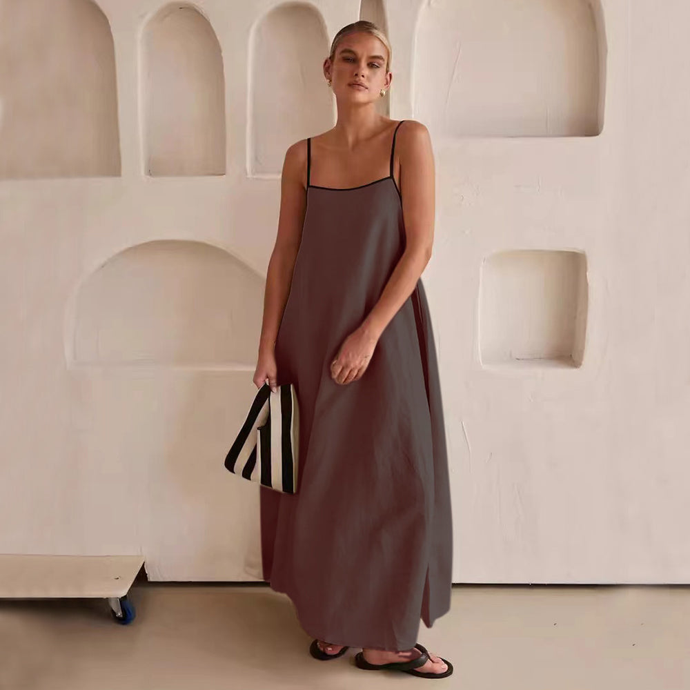 Vestido Feminino Preto Solto com Alças, Algodão e Linho, Decote Quadrado