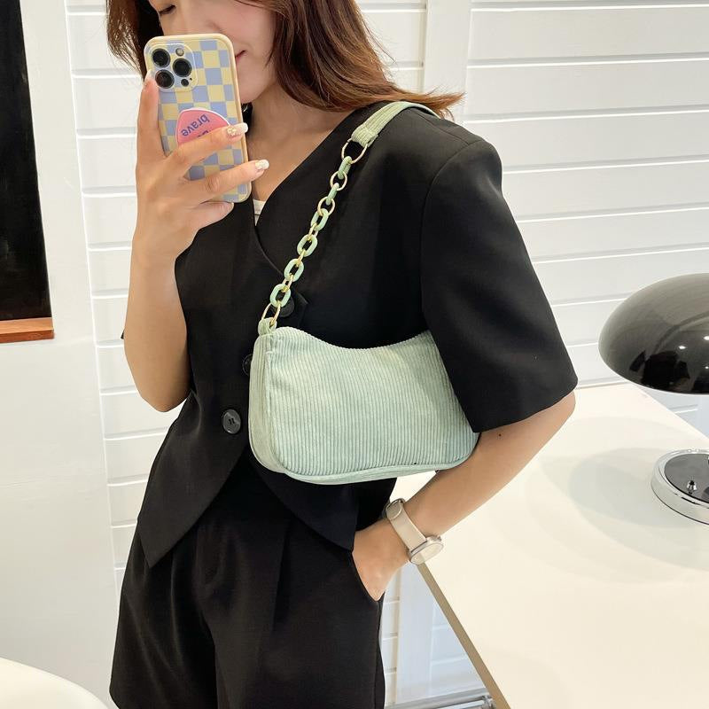 Bolsa Feminina de Tecido Artístico, Minimalista e Casual, em Veludo Cotelê, Ombro Único