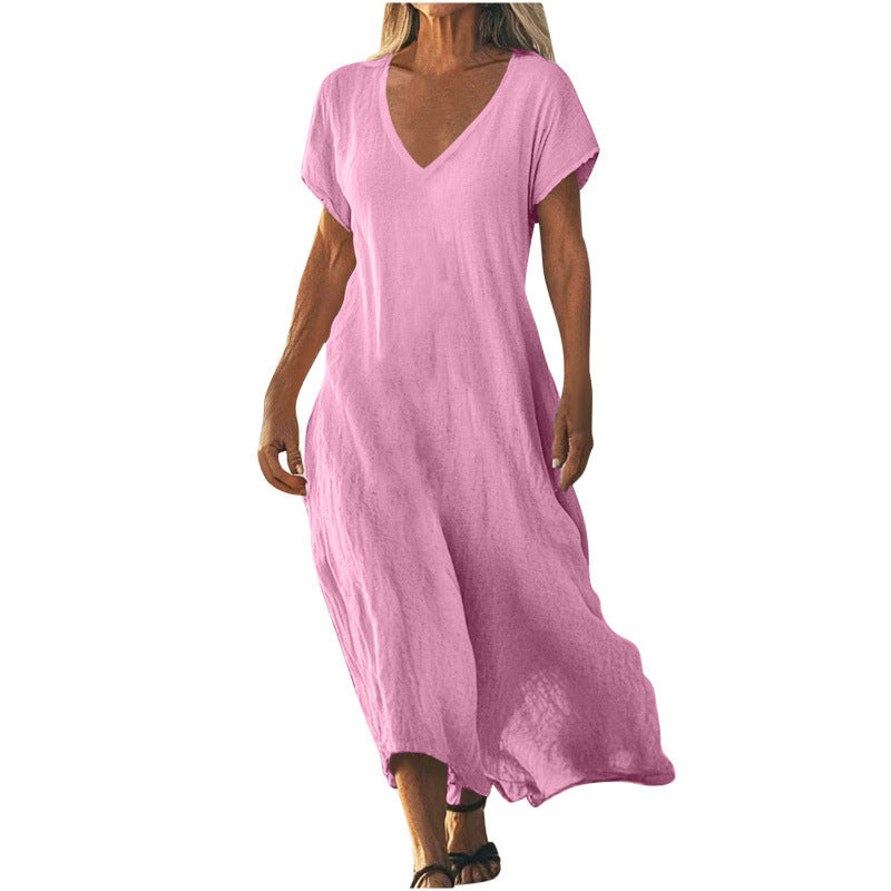Vestido Feminino Solto em Algodão e Linho, Decote V e Manga Curta