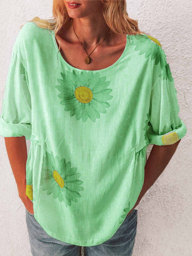 Camiseta Feminina de Algodão e Linho, Manga Média, Estampa Crisântemo
