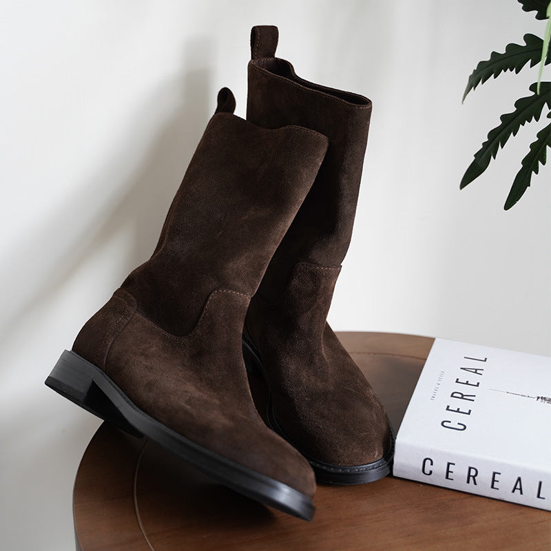 Botas Femininas de Couro Genuíno, Cano Médio, Estilo Vintage de Montaria, Cano Reto