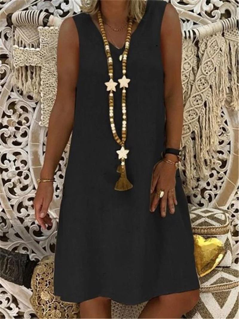 Vestido Feminino Sem Manga em Algodão e Linho com Decote V