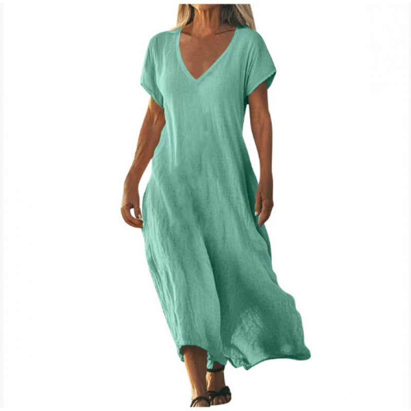 Vestido Feminino Solto em Algodão e Linho, Decote V e Manga Curta