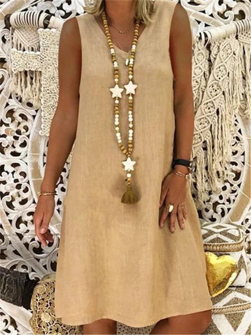 Vestido Feminino Sem Manga em Algodão e Linho com Decote V
