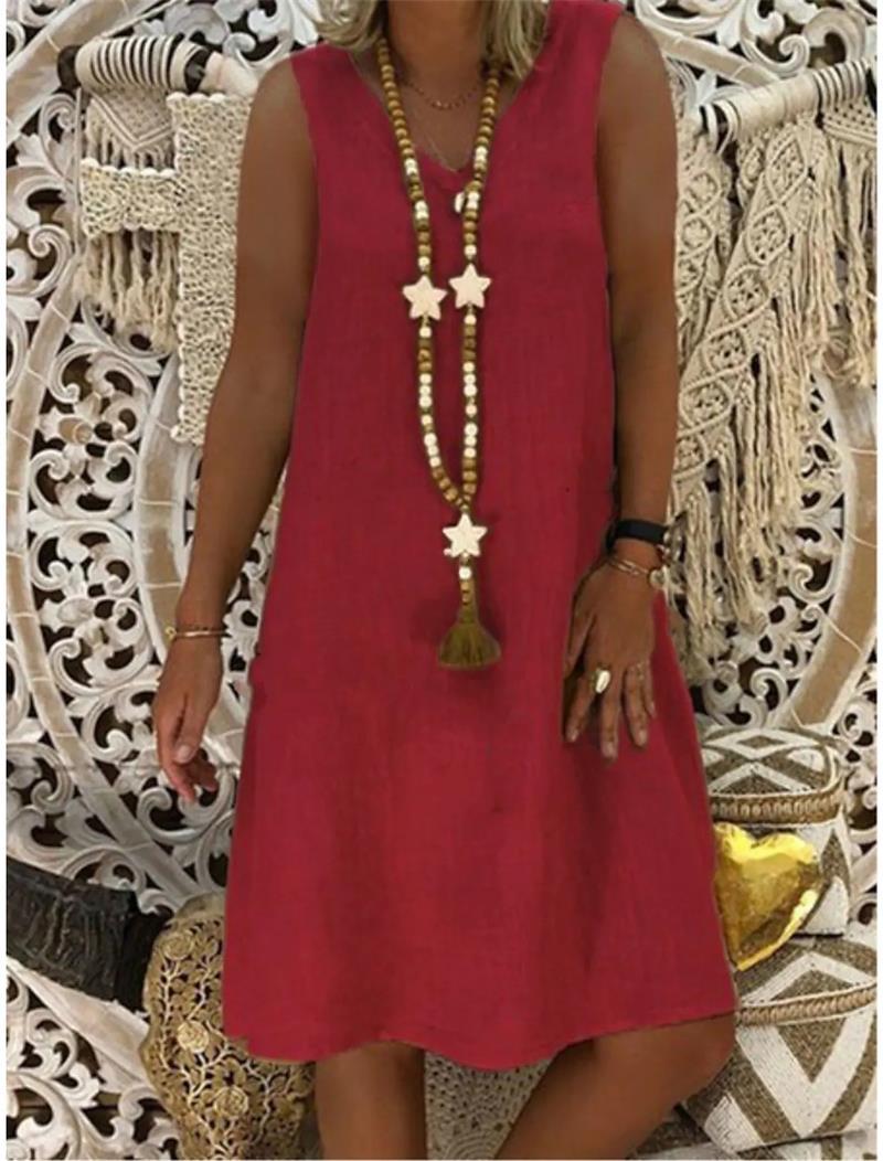 Vestido Feminino Sem Manga em Algodão e Linho com Decote V