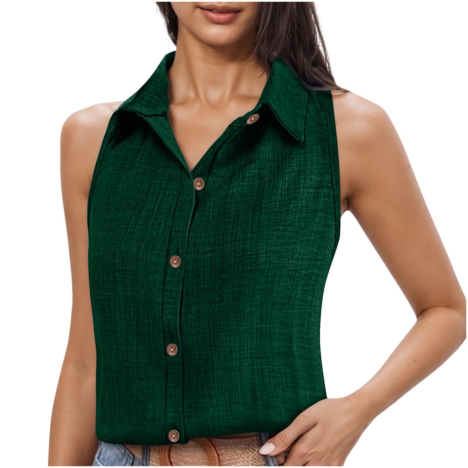 Camisa Feminina Sem Manga em Algodão e Linho com Gola e Botões