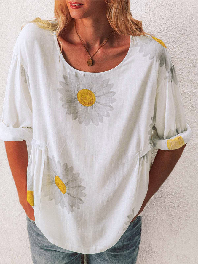 Camiseta Feminina de Algodão e Linho, Manga Média, Estampa Crisântemo