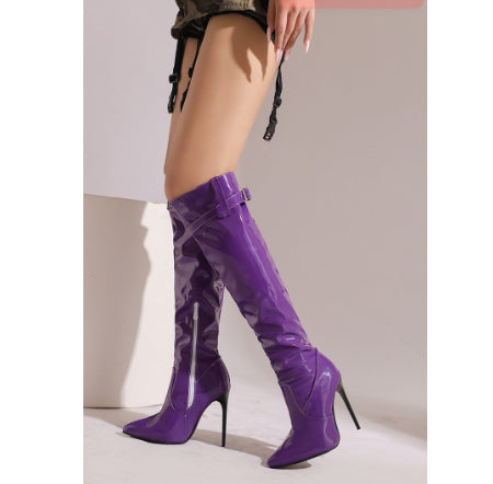 Botas Femininas de Salto Alto, Bico Fino, Acima do Joelho