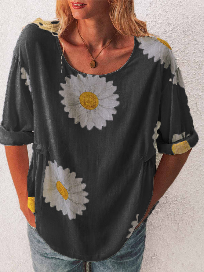 Camiseta Feminina de Algodão e Linho, Manga Média, Estampa Crisântemo