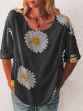 Camiseta Feminina de Algodão e Linho, Manga Média, Estampa Crisântemo