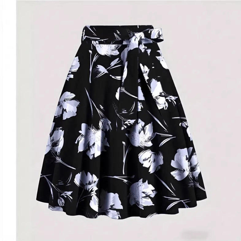saia midi preta floral