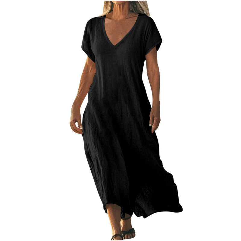 Vestido Feminino Solto em Algodão e Linho, Decote V e Manga Curta