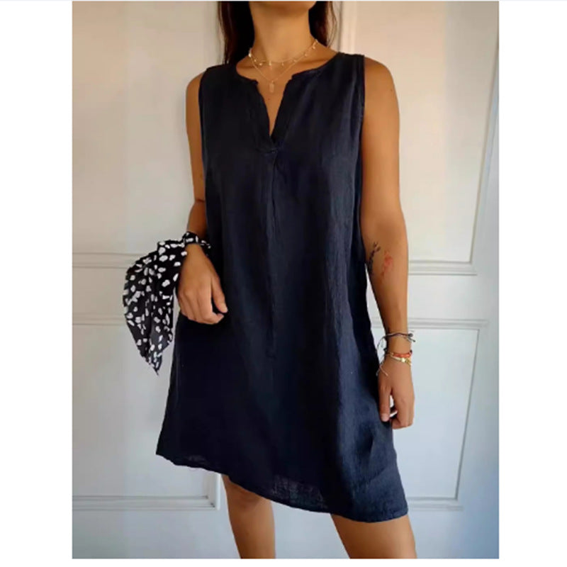 Vestido Feminino Sem Manga em Algodão e Linho, Cor Sólida