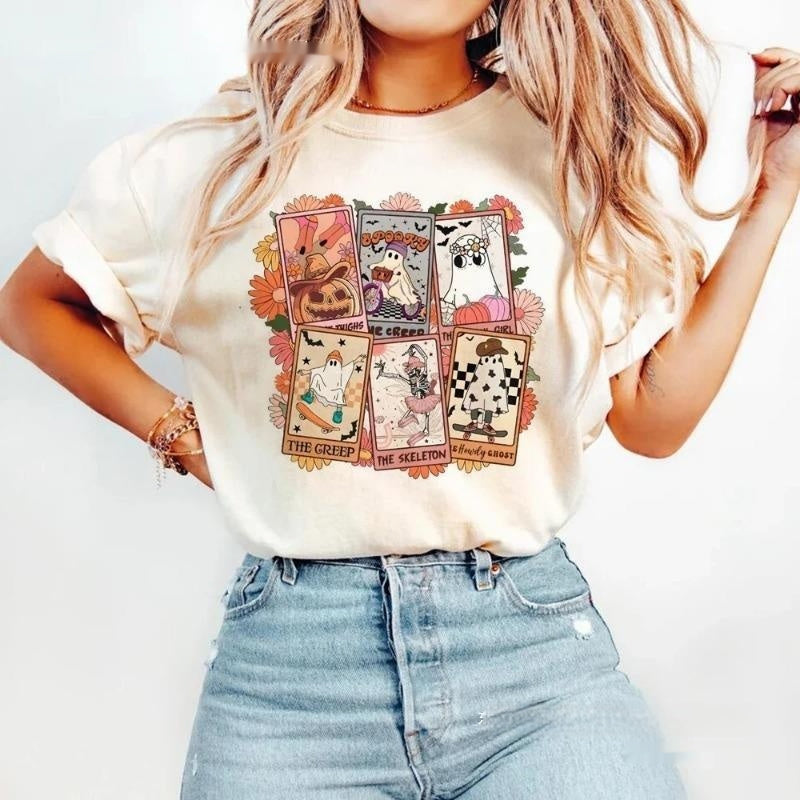 Camiseta Feminina Branca Halloween com Estampa Fofa Streetwear