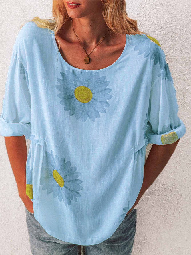 Camiseta Feminina de Algodão e Linho, Manga Média, Estampa Crisântemo