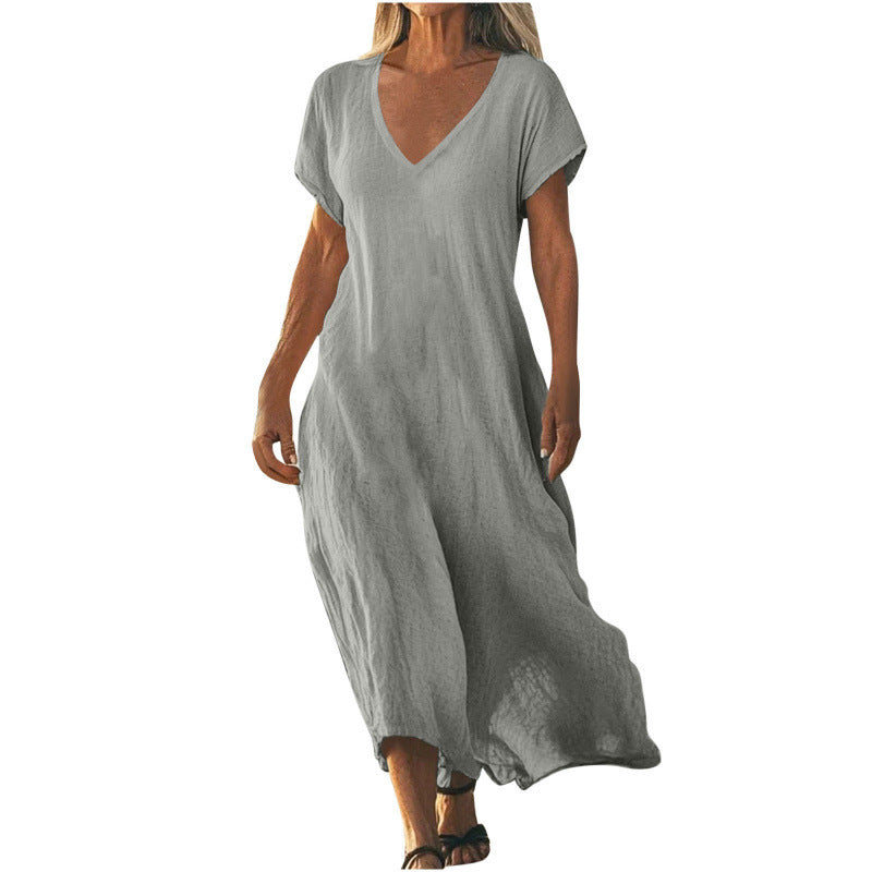 Vestido Feminino Solto em Algodão e Linho, Decote V e Manga Curta