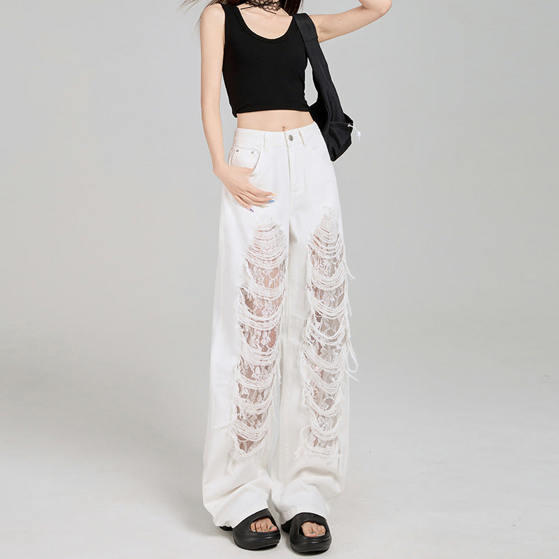 Jeans Feminino Off-White Rasgado com Renda, Cintura Alta e Modelagem Solta