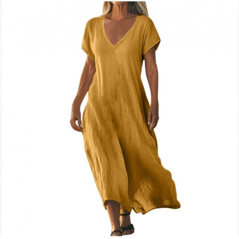 Vestido Feminino Solto de Algodão e Linho com Decote V e Manga Curta