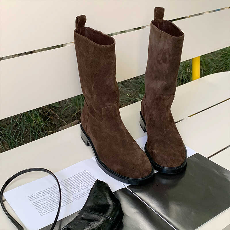Botas Femininas de Couro Genuíno, Cano Médio, Estilo Vintage de Montaria, Cano Reto