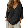 Blusa Feminina Casual Solta de Algodão e Linho com Decote V